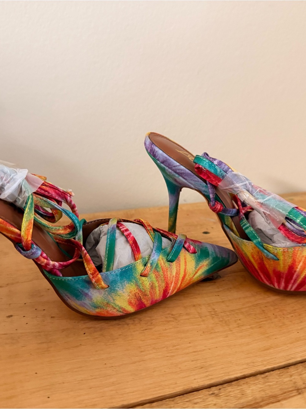 Liliana Multicolor Tie-Dye Satin Pointed Toe Lace-Up Heels